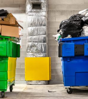 Waste management company has missed pickup due to snowstorm. People keep pilling up trash. Indoors. Vancouver, Canada.